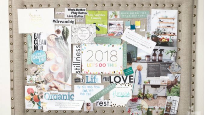cork board with images and words pinned to it - a vision board