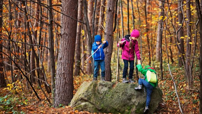 Kids in jackets and hats playing and climbing on a rock in the woods.