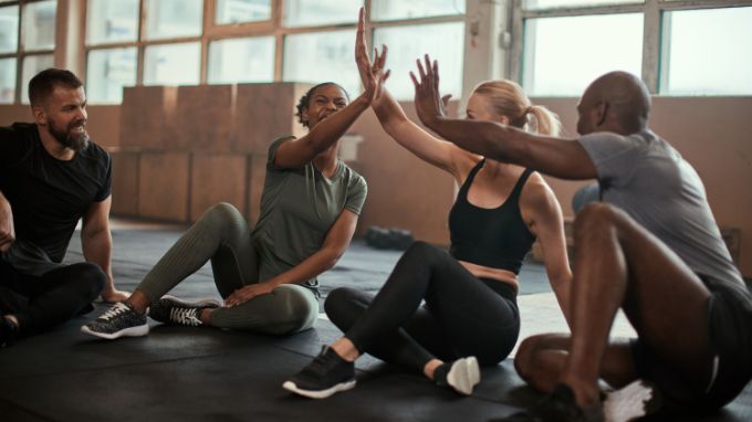 group of four friends working out